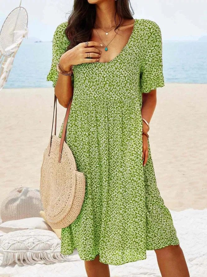 Nanna | Dame Blomsterprint Midi Sommerkjole Med Flutter Ærmer