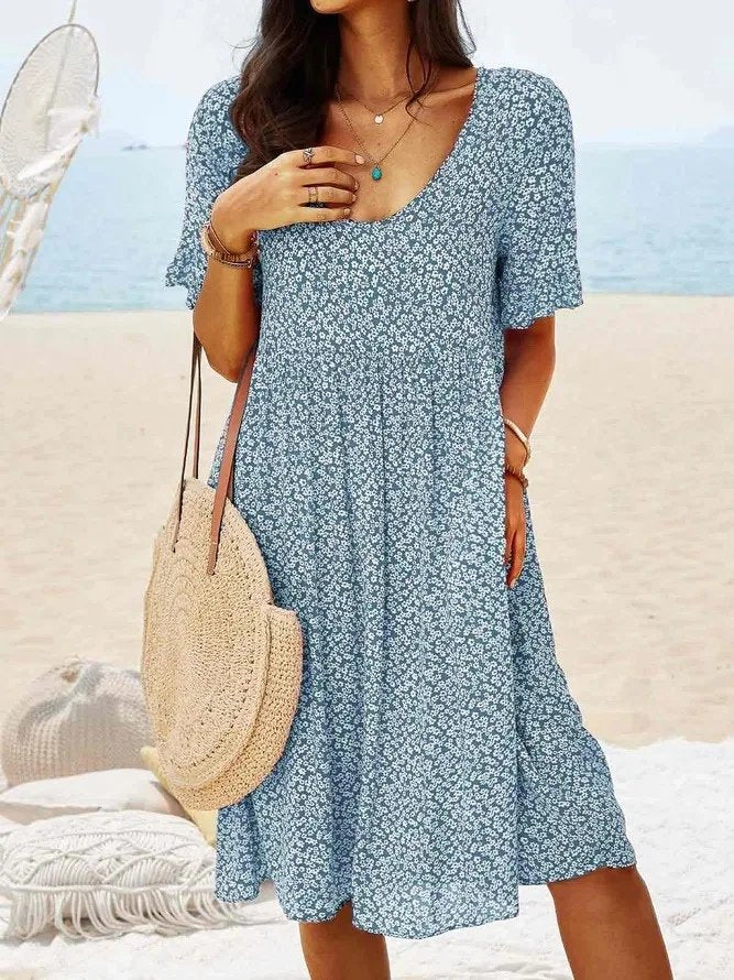 Nanna | Dame Blomsterprint Midi Sommerkjole Med Flutter Ærmer