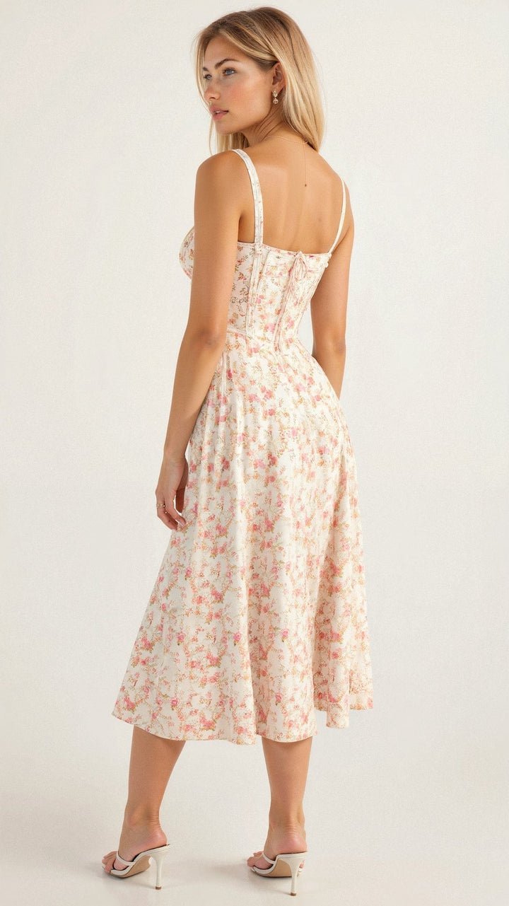 Stine | Dame Midi Kjole Med Blomsterprint Og Korset Detalje