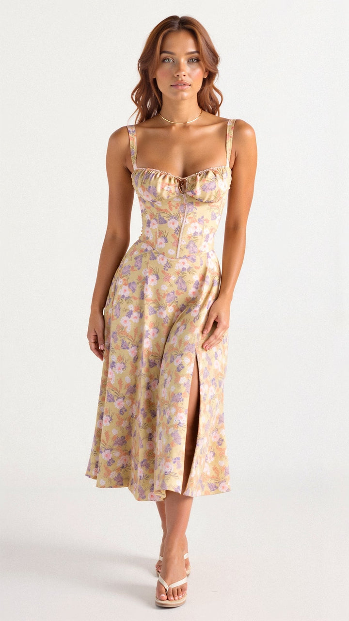 Stine | Dame Midi Kjole Med Blomsterprint Og Korset Detalje