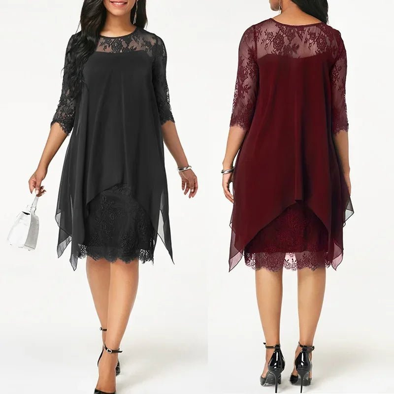 Birthe | Dame Plus Size Midi Kjole Med Blondedetaljer Og Chiffon Overlay