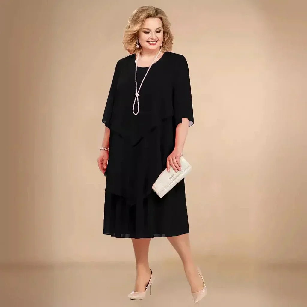 Hanne | Dame Plus Size Midi Kjole Med Chiffon Lag Og Trekvarte Ærmer