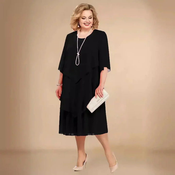 Hanne | Dame Plus Size Midi Kjole Med Chiffon Lag Og Trekvarte Ærmer