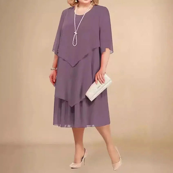 Hanne | Dame Plus Size Midi Kjole Med Chiffon Lag Og Trekvarte Ærmer