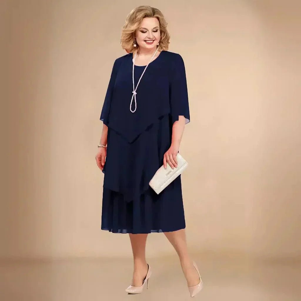 Hanne | Dame Plus Size Midi Kjole Med Chiffon Lag Og Trekvarte Ærmer
