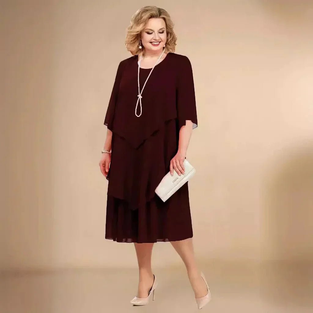 Hanne | Dame Plus Size Midi Kjole Med Chiffon Lag Og Trekvarte Ærmer