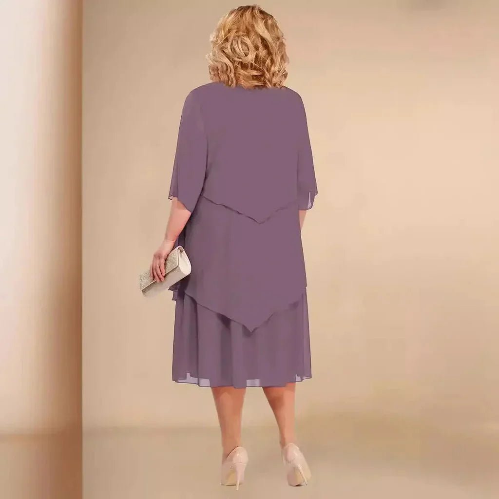 Hanne | Dame Plus Size Midi Kjole Med Chiffon Lag Og Trekvarte Ærmer
