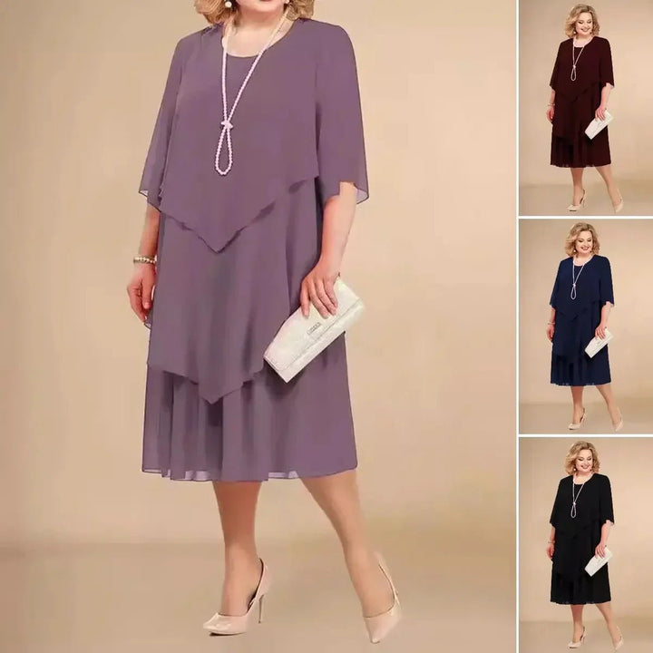 Hanne | Dame Plus Size Midi Kjole Med Chiffon Lag Og Trekvarte Ærmer