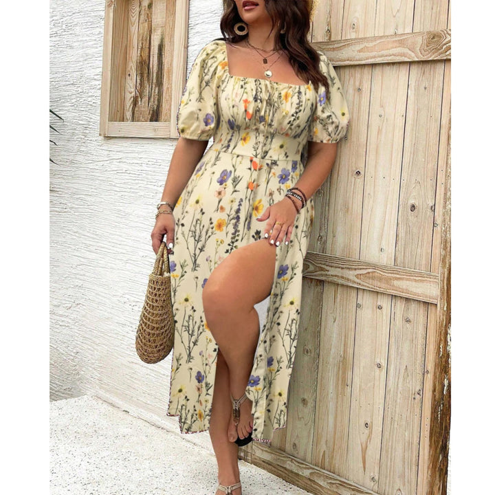 Rikke | Dame Plus Size Maxi Kjole Med Pufærmer Og Firkantet Halsudskæring
