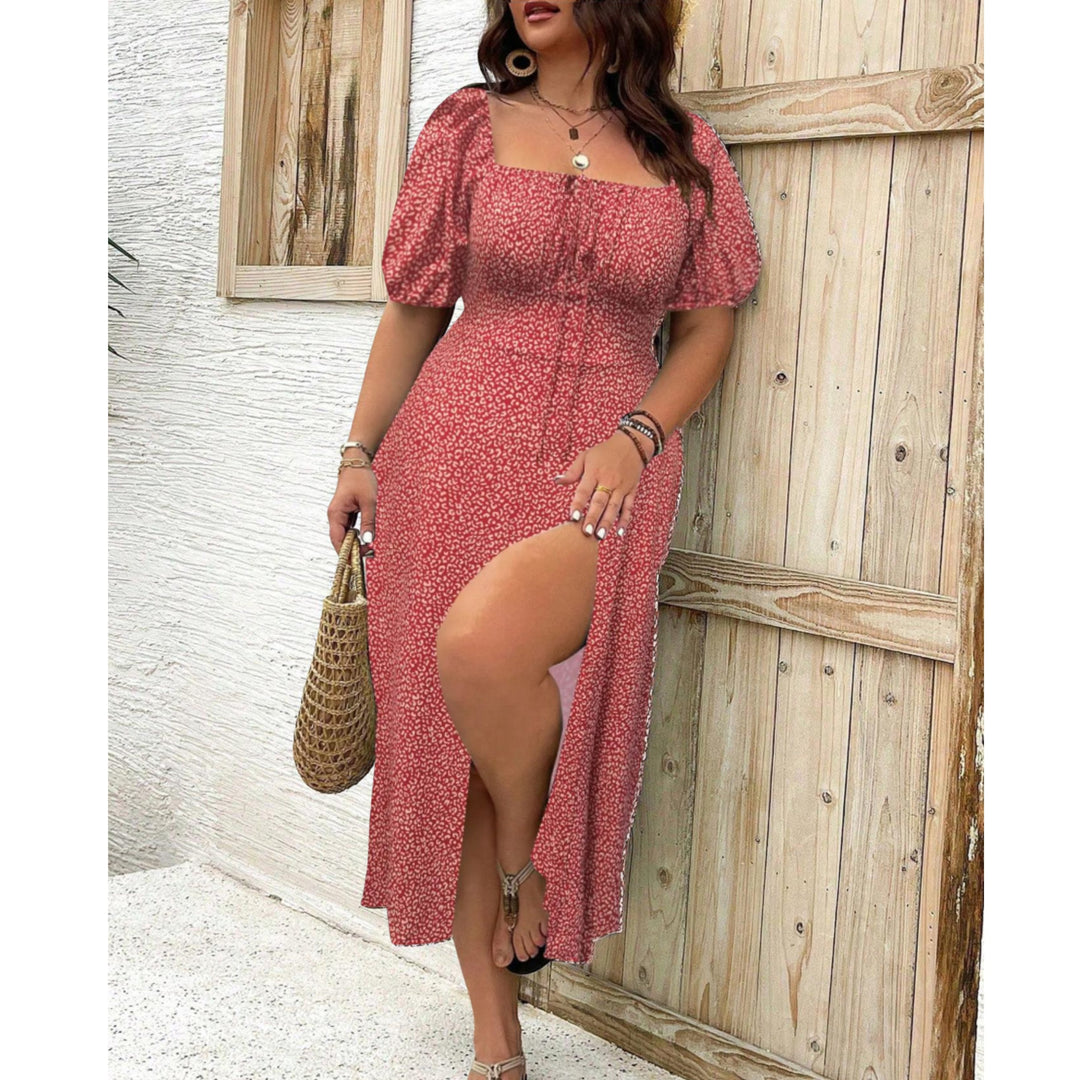 Rikke | Dame Plus Size Maxi Kjole Med Pufærmer Og Firkantet Halsudskæring