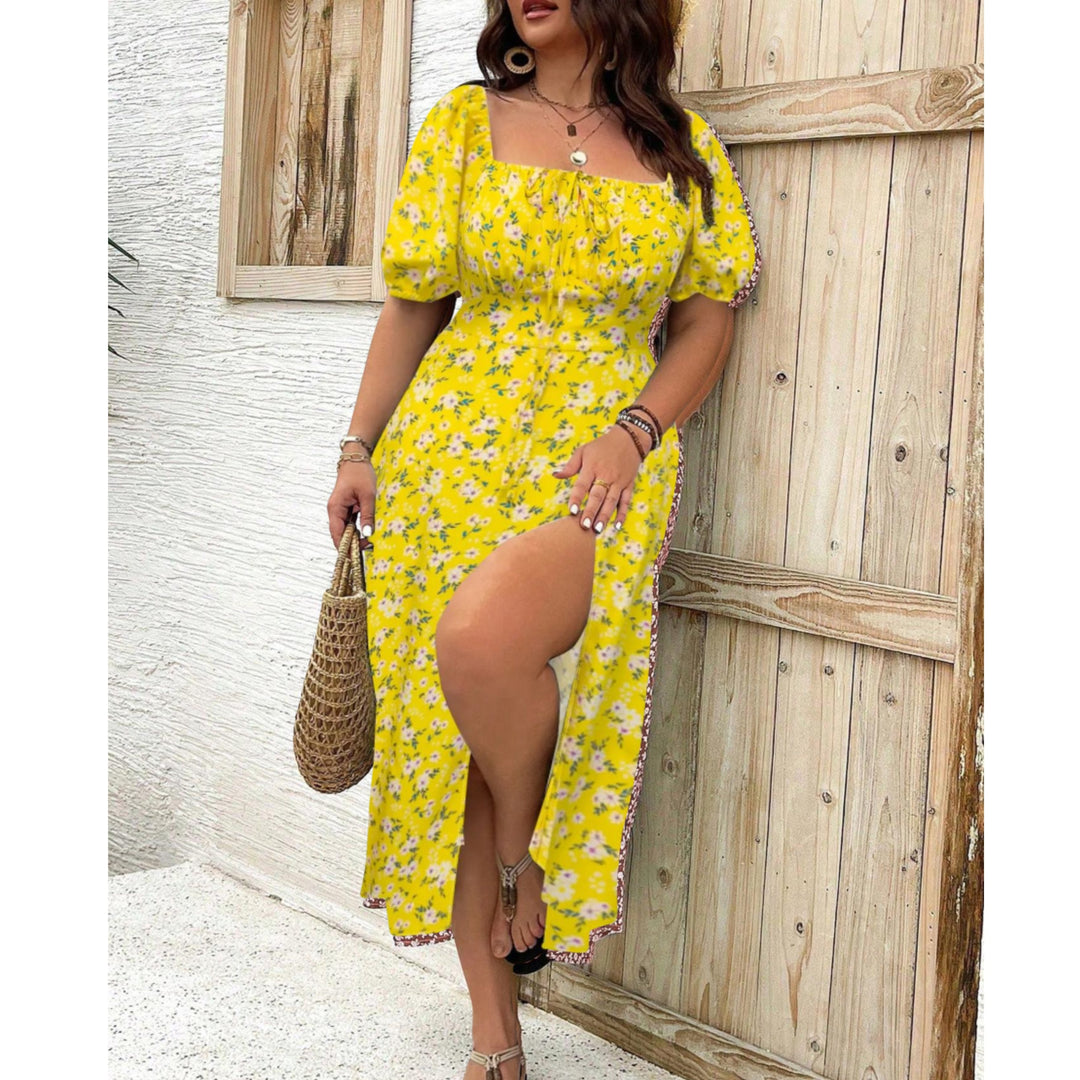 Rikke | Dame Plus Size Maxi Kjole Med Pufærmer Og Firkantet Halsudskæring