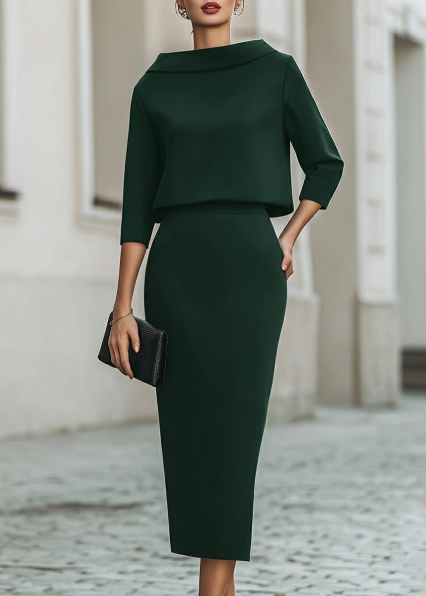 Two Piece Set Boat Neck Top Midi Skirt 3/4 Sleeve Crepe - Emerald Green