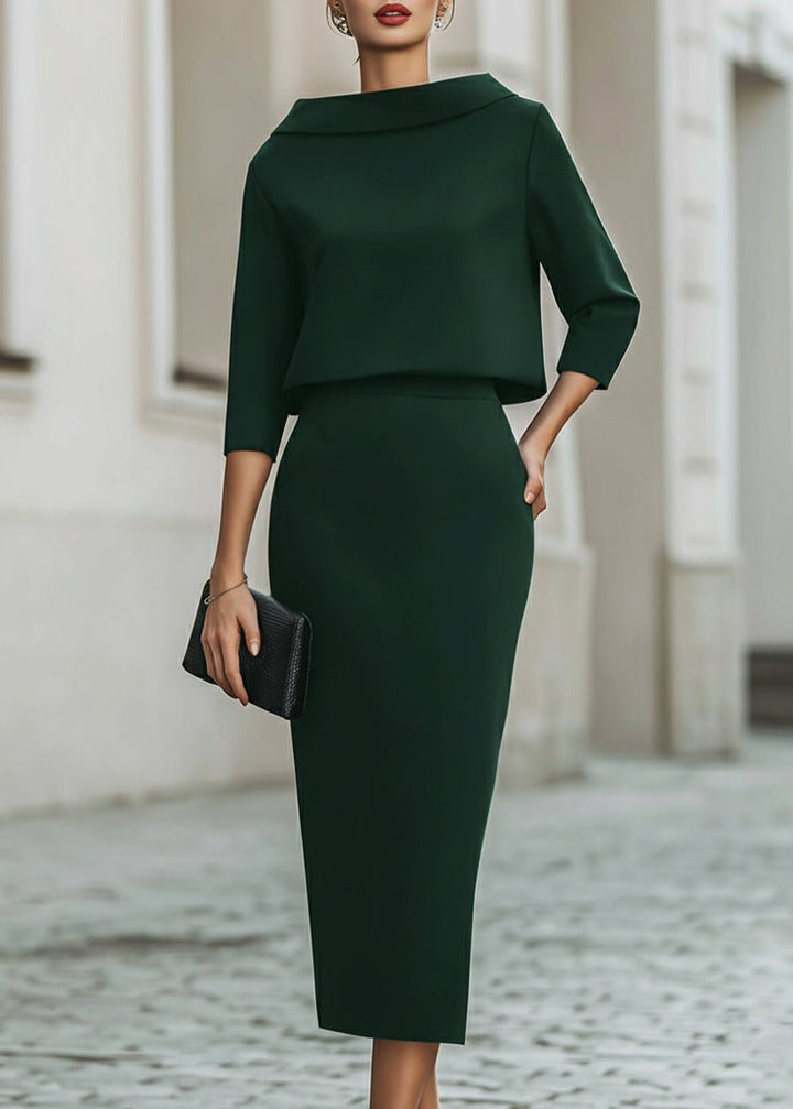 Two Piece Set Boat Neck Top Midi Skirt 3/4 Sleeve Crepe - Emerald Green