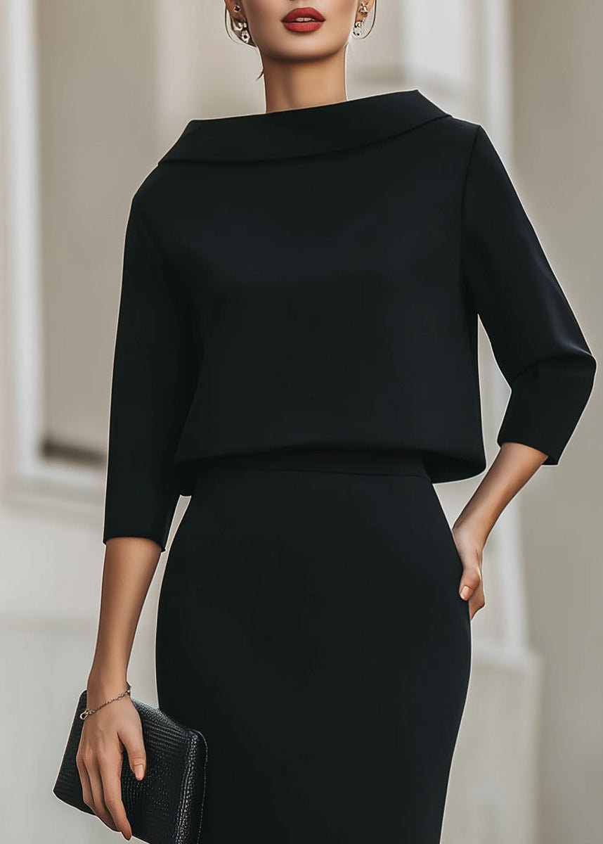 Two Piece Set Boat Neck Top Midi Skirt 3/4 Sleeve Crepe