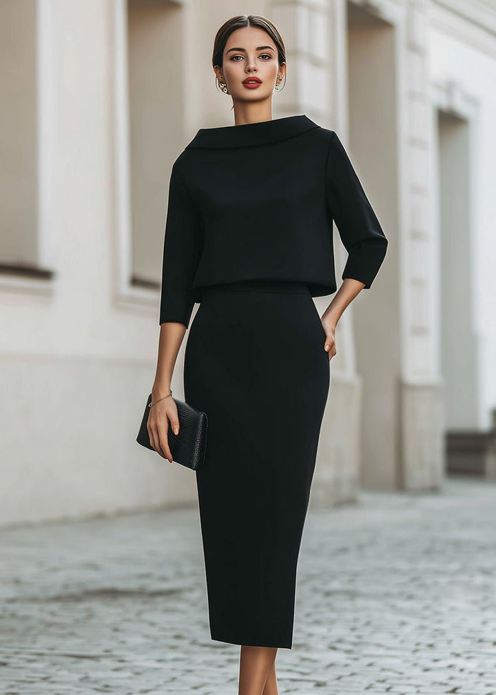 Two Piece Set Boat Neck Top Midi Skirt 3/4 Sleeve Crepe