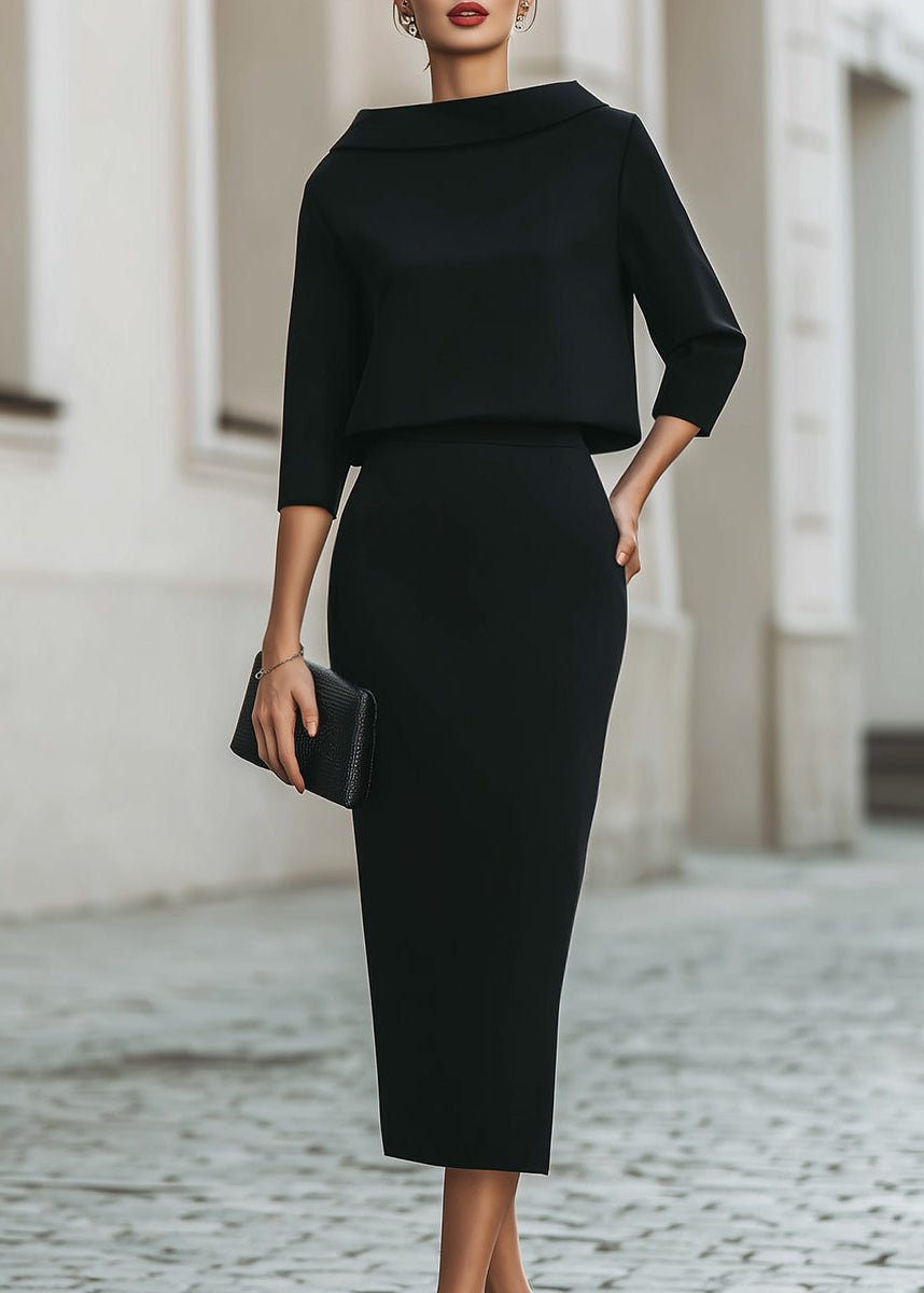 Two Piece Set Boat Neck Top Midi Skirt 3/4 Sleeve Crepe - Black