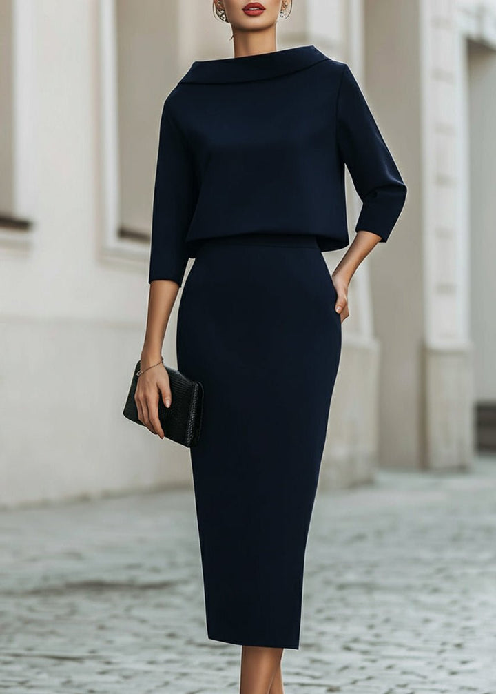 Two Piece Set Boat Neck Top Midi Skirt 3/4 Sleeve Crepe - Navy Blue