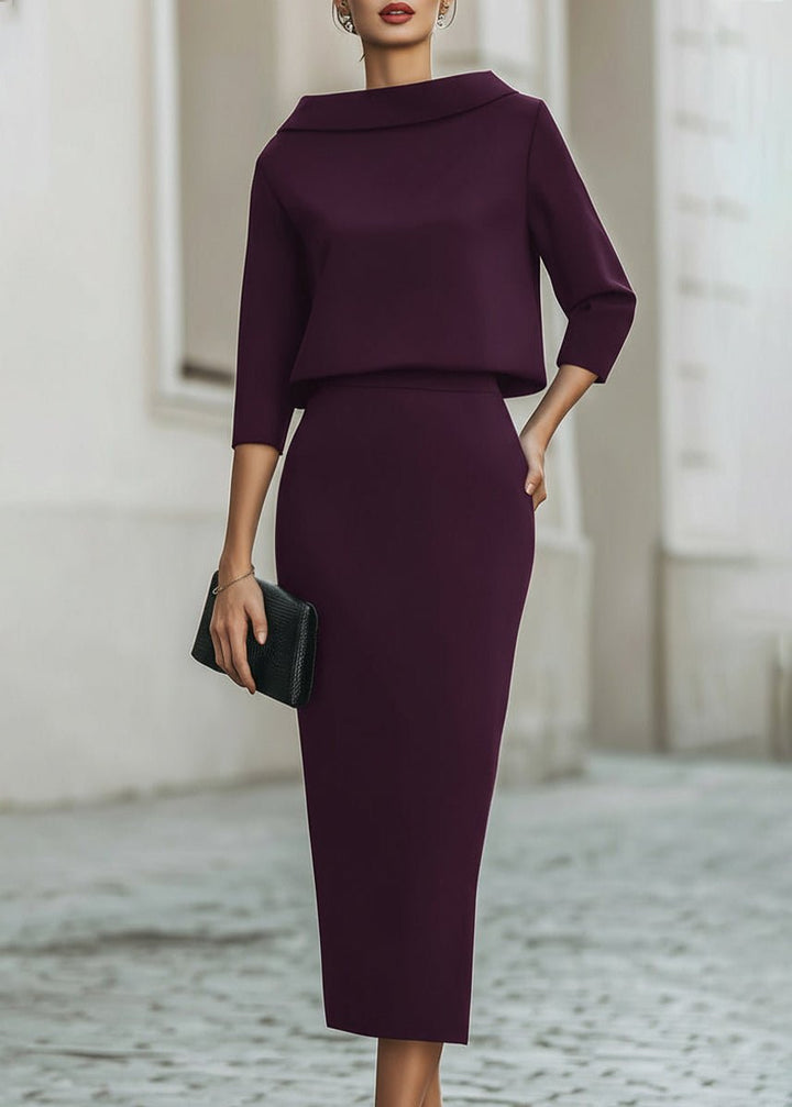 Two Piece Set Boat Neck Top Midi Skirt 3/4 Sleeve Crepe - Purple