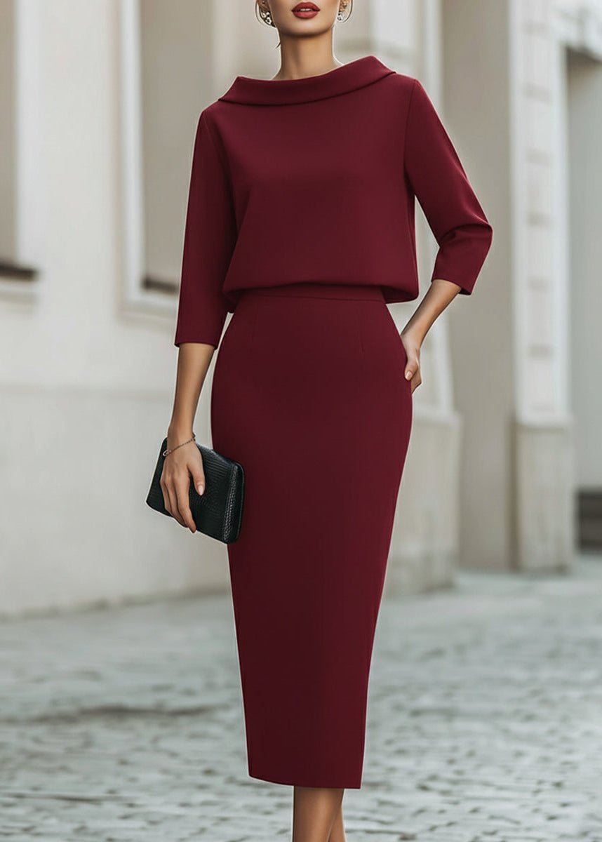 Two Piece Set Boat Neck Top Midi Skirt 3/4 Sleeve Crepe - Burgundy