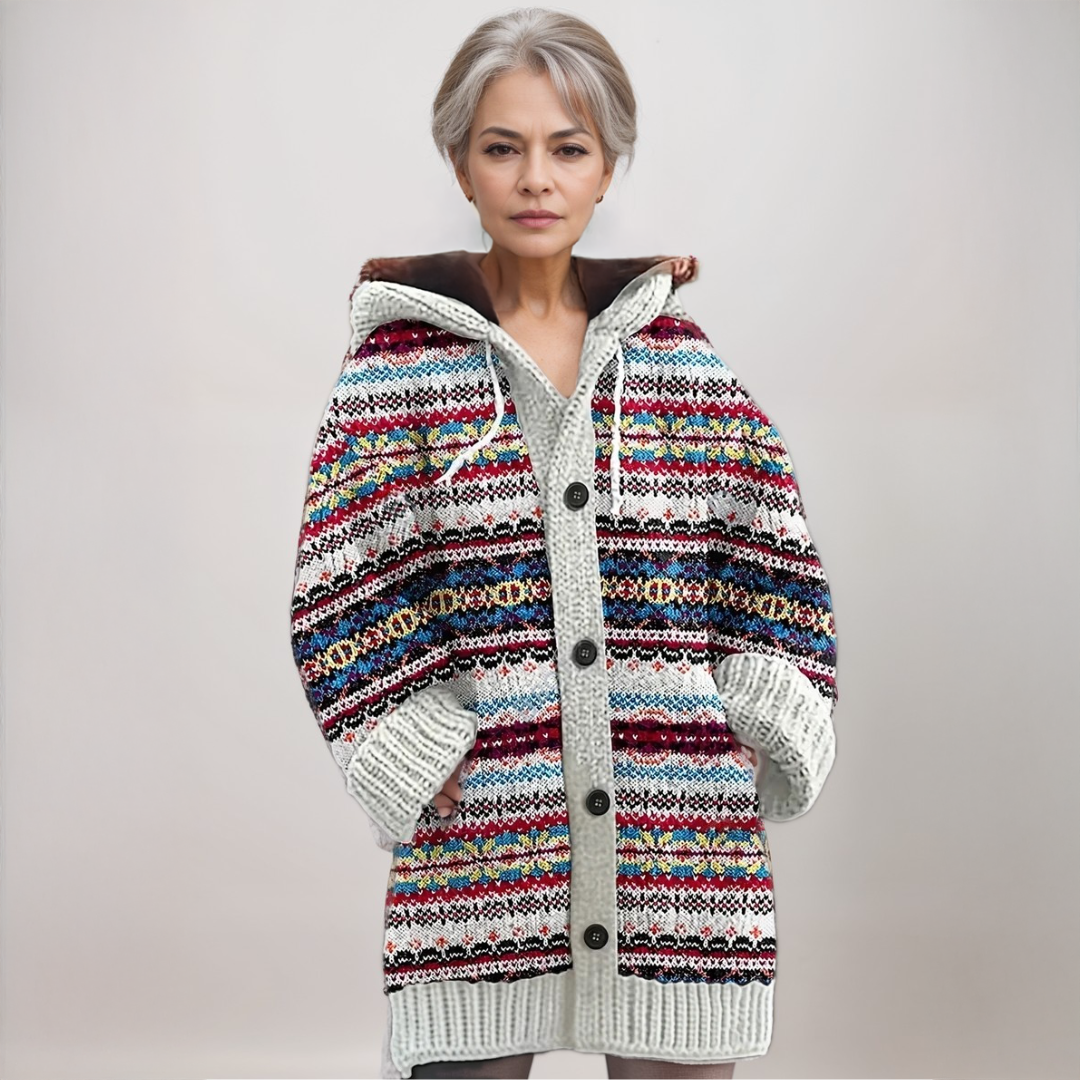 Lene | Dame Hættet Strikcardigan Med Fair Isle Mønster