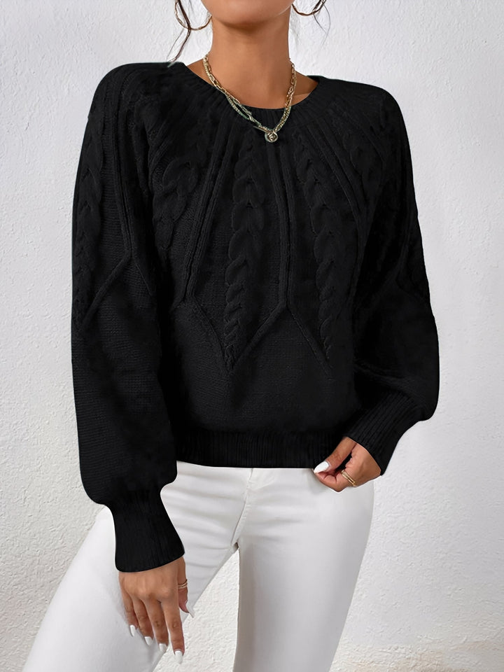 Kirsten | Dame Cable-Knit Sweater Med V-Hals Og Ballonærmer