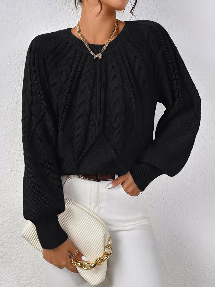 Kirsten | Dame Cable-Knit Sweater Med V-Hals Og Ballonærmer