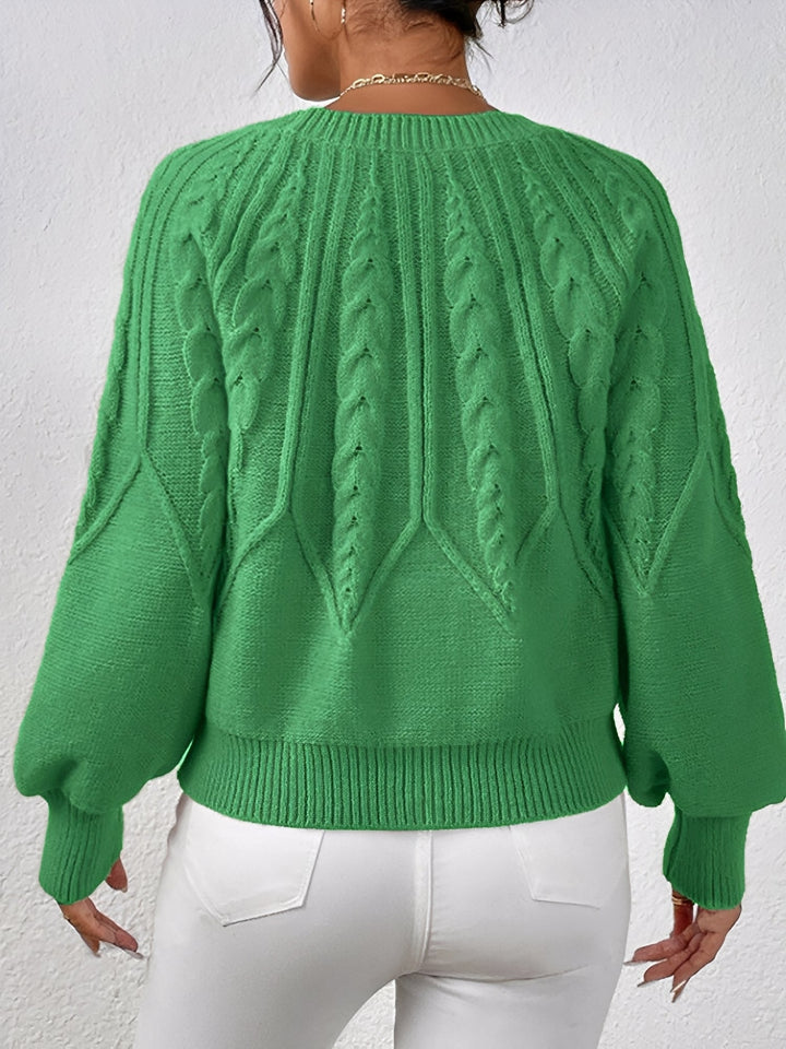 Kirsten | Dame Cable-Knit Sweater Med V-Hals Og Ballonærmer
