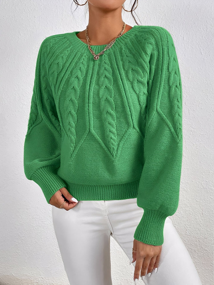 Kirsten | Dame Cable-Knit Sweater Med V-Hals Og Ballonærmer