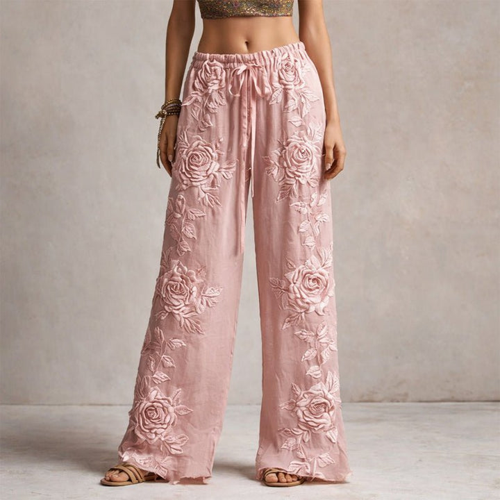 Wide Leg Pants Floral Embroidered Drawstring - Pink
