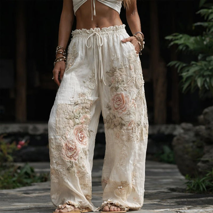 Wide Leg Pants Floral Embroidered Drawstring - Beige