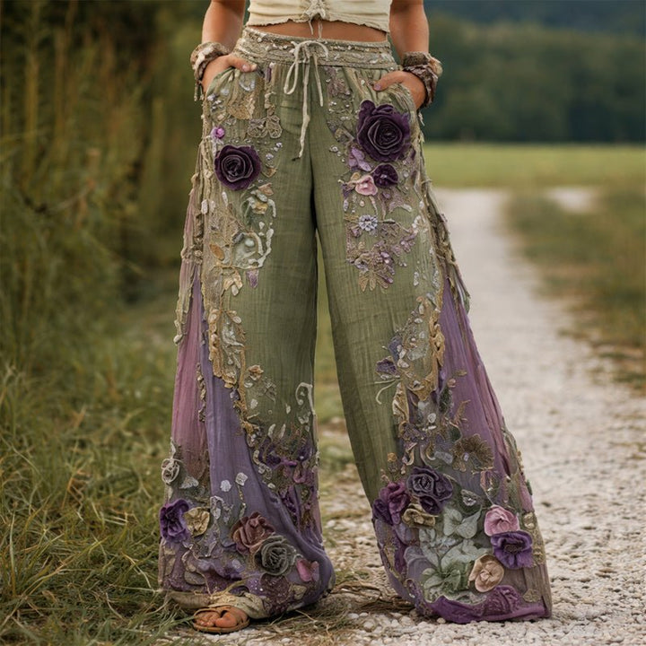 Wide Leg Pants Floral Embroidered Drawstring - Green