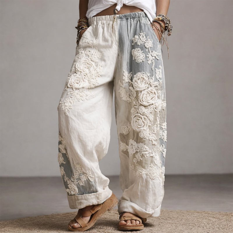 Wide Leg Pants Floral Embroidered Drawstring - Gray