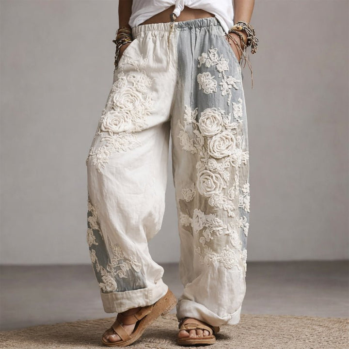 Wide Leg Pants Floral Embroidered Drawstring - Gray