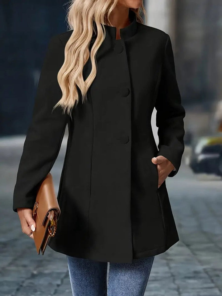 Women Coat Stand Collar Button-Front Longline Blazer Jacket