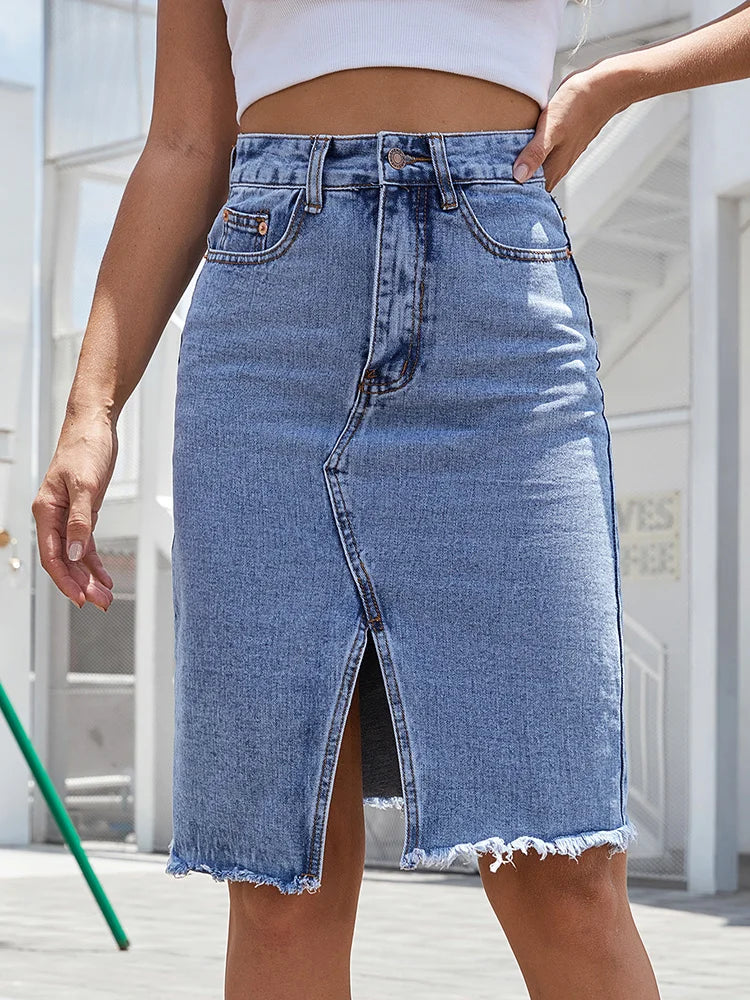 Nanna | Dame Lang Denim Nederdel Med Høj Talje Og Slids