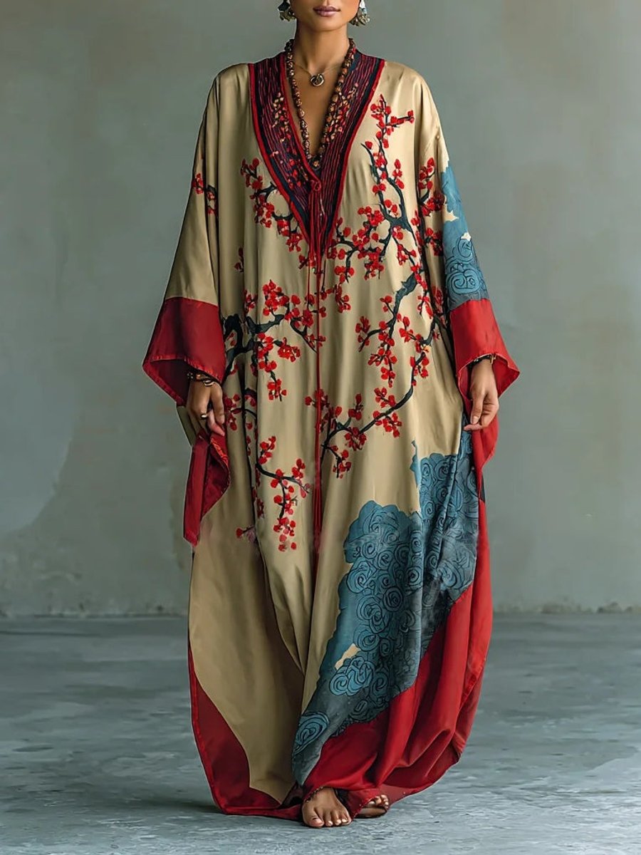 Women's Batwing Long Sleeve Dress Japanese Plum Blossom Maxi Kaftan - Red