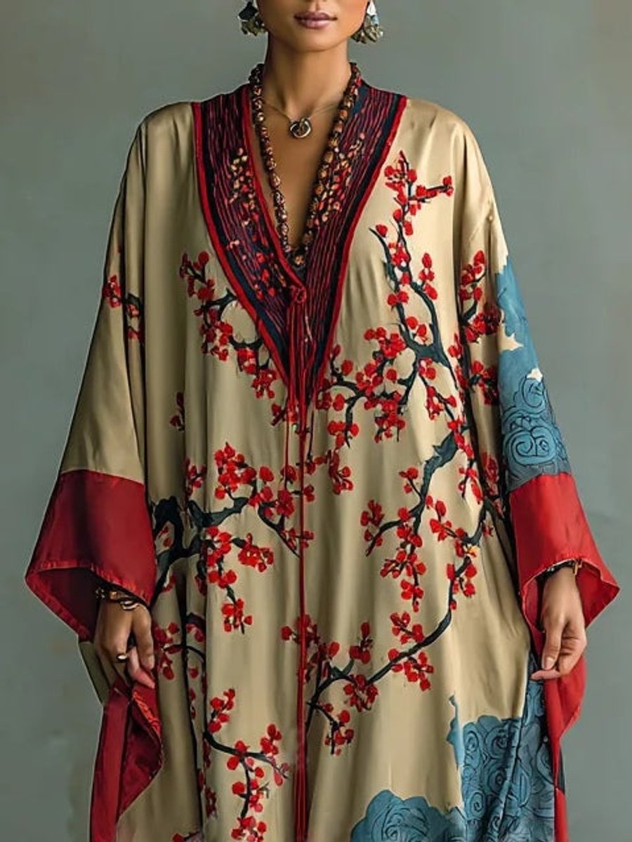 Women's Batwing Long Sleeve Dress Japanese Plum Blossom Maxi Kaftan