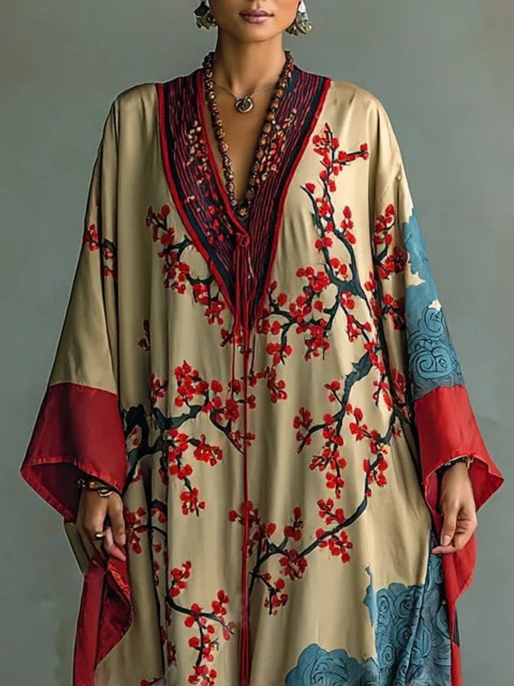 Women's Batwing Long Sleeve Dress Japanese Plum Blossom Maxi Kaftan