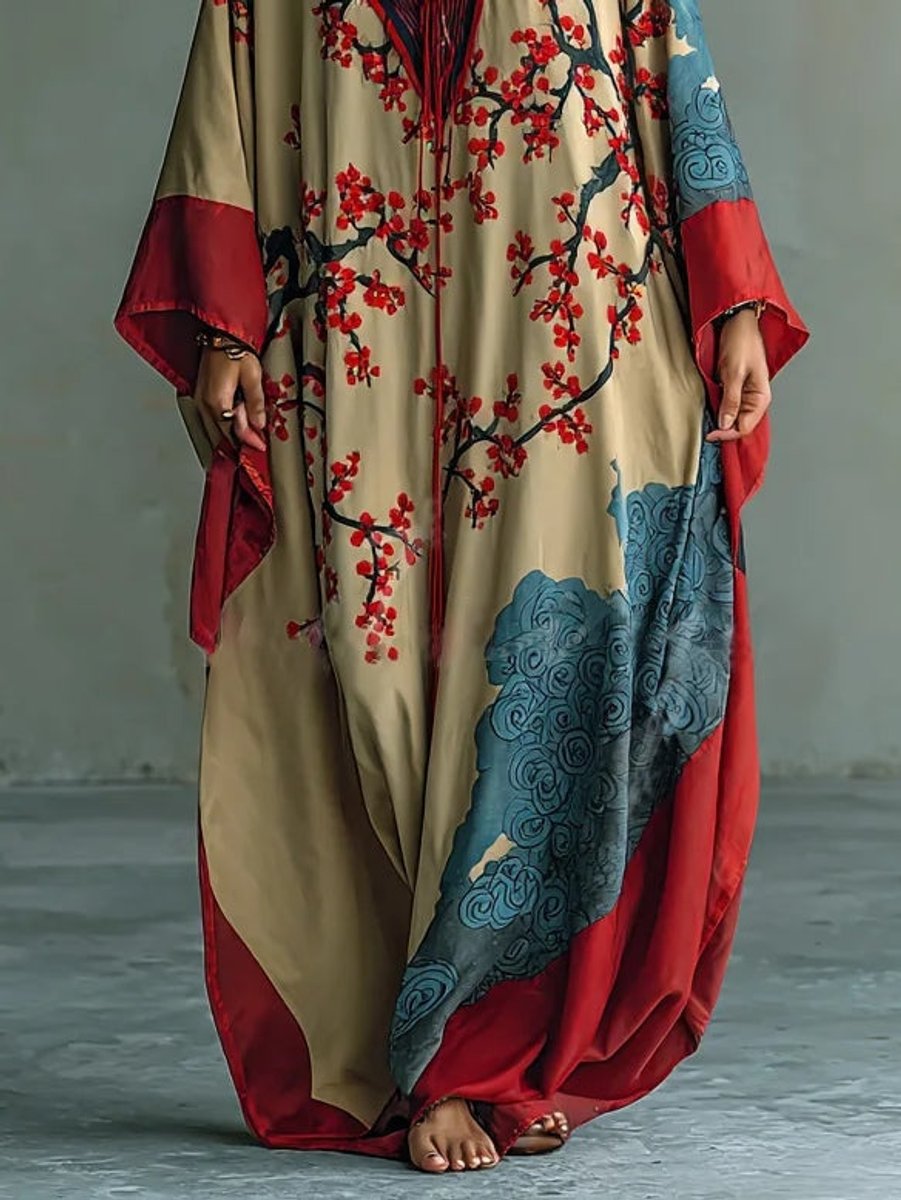 Women's Batwing Long Sleeve Dress Japanese Plum Blossom Maxi Kaftan