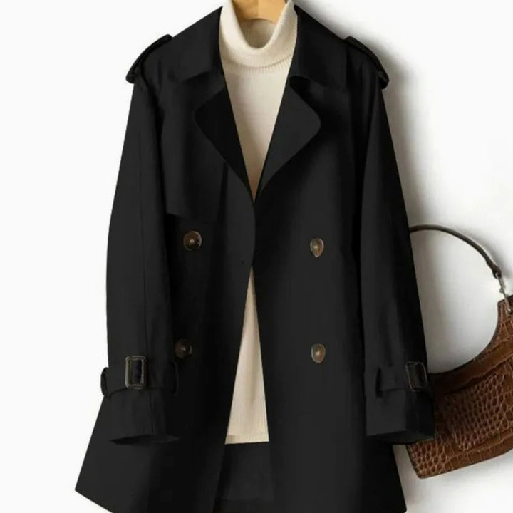 Women's Belted Double-Breasted Trench Coat Notch-Lapel Epaulette - Black