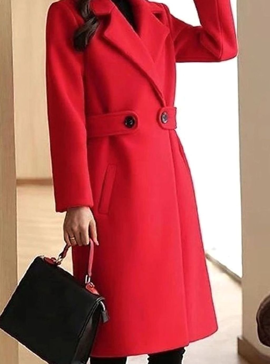 Women's Belted Longline Notch-Lapel Winter Coat - Red
