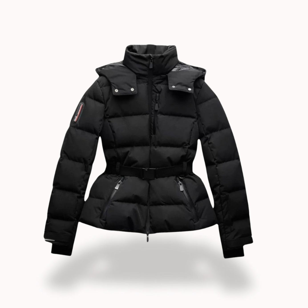 Women's Belted Quilted Puffer Jacket Hooded Zip-Pocket - Black