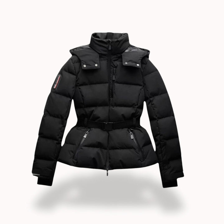 Women's Belted Quilted Puffer Jacket Hooded Zip-Pocket - Black
