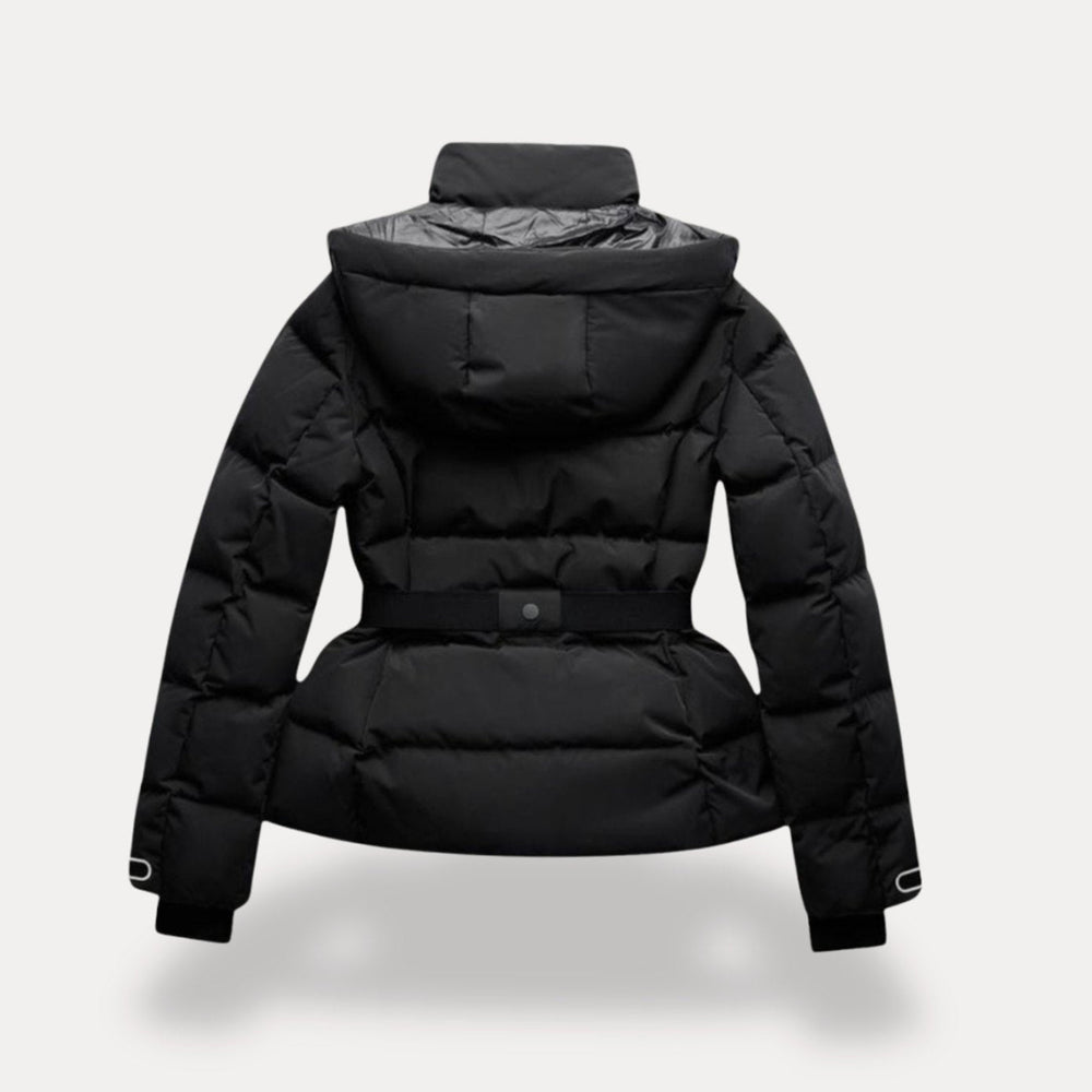 Women's Belted Quilted Puffer Jacket Hooded Zip-Pocket