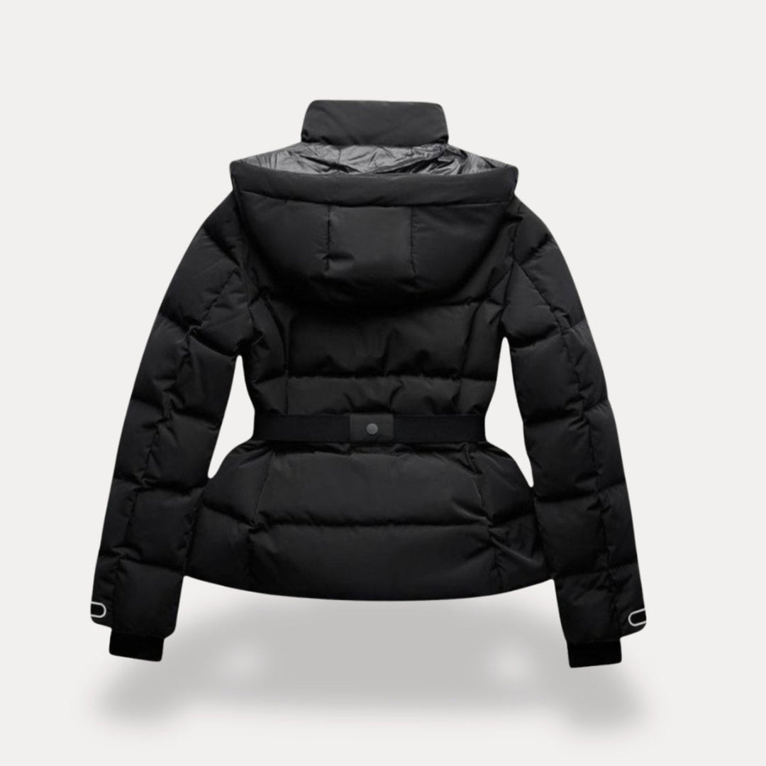 Women's Belted Quilted Puffer Jacket Hooded Zip-Pocket