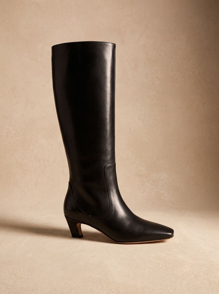 Women's Black Knee High Boots Square-Toe Low Kitten Heel - Black