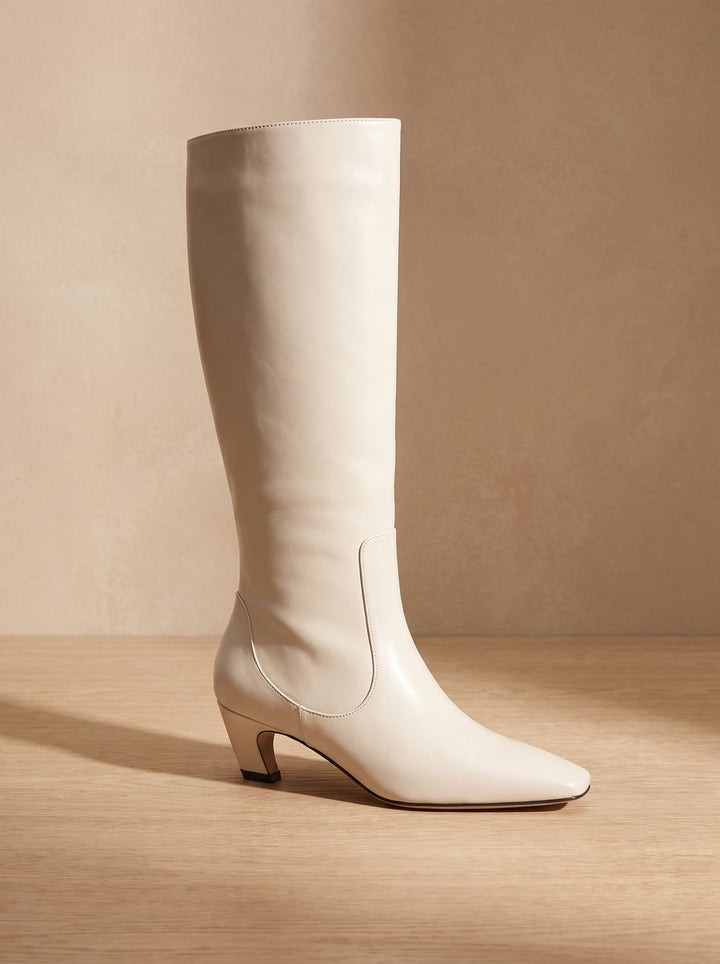Women's Black Knee High Boots Square-Toe Low Kitten Heel - Off-White