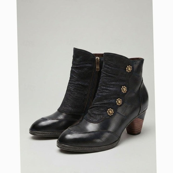 Women's Block-Heeled Ankle Booties Floral Button Zip-Up - Black