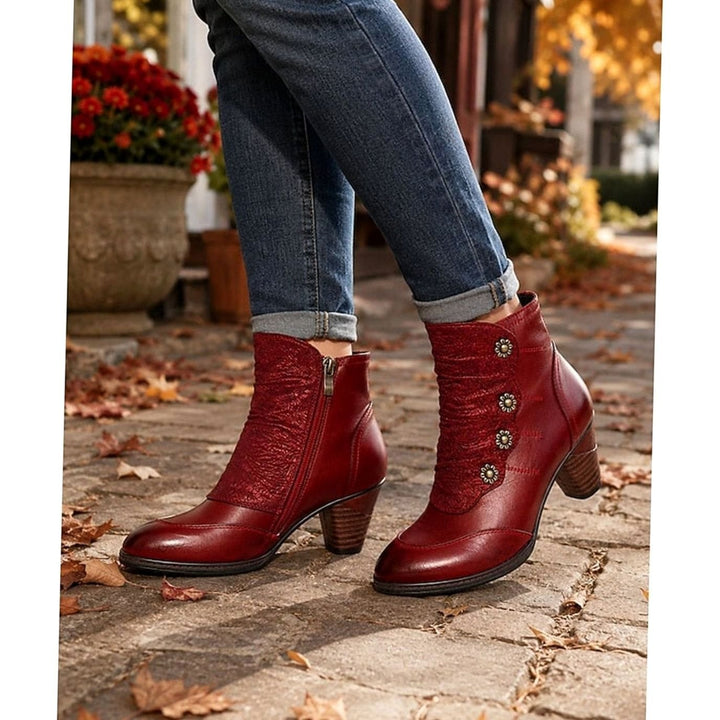 Women's Block-Heeled Ankle Booties Floral Button Zip-Up