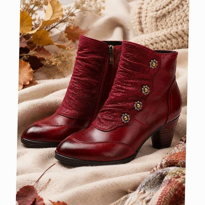 Women's Block-Heeled Ankle Booties Floral Button Zip-Up